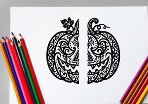 Intricate Halloween Pumpkin Illustration with Carved Face and Decorative Patterns