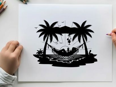 Relaxing silhouette of a person in a hammock between palm trees