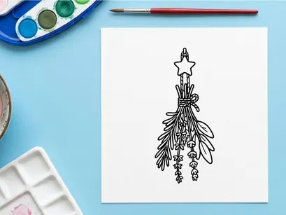 Hand-drawn Halloween mistletoe with golden star topper. Spooky festive botanical illustration for holiday decor and greeting cards.