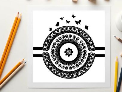 Silhouette of a mandala design with butterflies and floral patterns in black