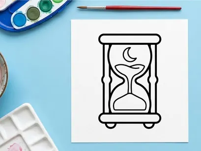 Reloj de arena dibujado a mano con símbolo de luna creciente que simboliza el paso del tiempo. Boceto vintage de reloj de arena para proyectos místicos o con temática de Halloween.
