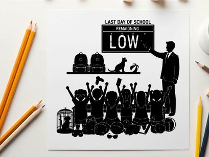 Silhouette of teacher and students on last day of school with cat