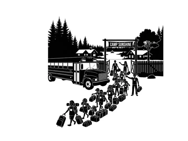 Silhouette of children arriving at camp sunshine with luggage