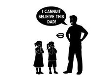 Silhouette of a father and children with shocked expressions and a speech bubble