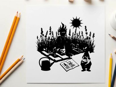 Silhouette of a person in a garden with gnome