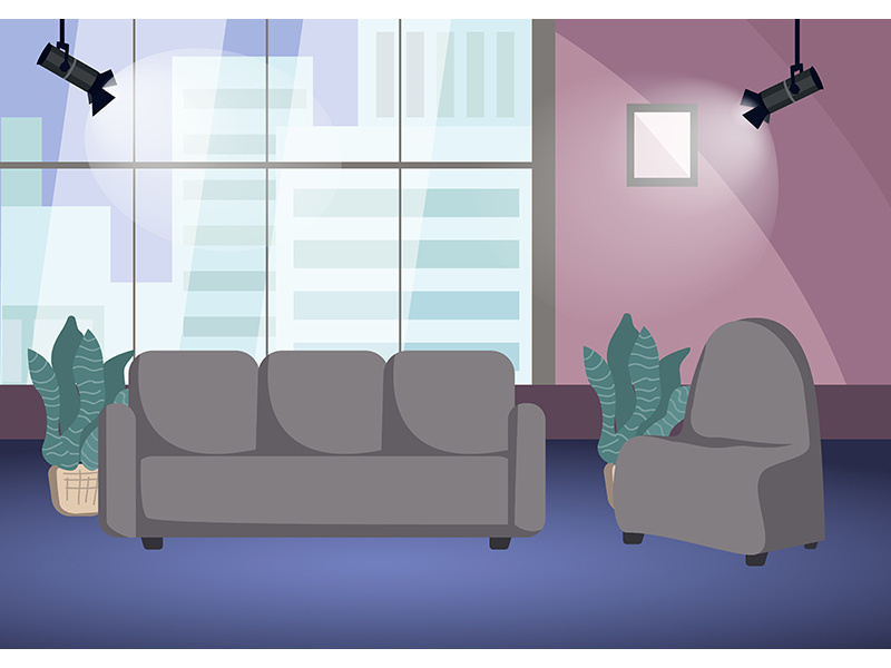 Empty talk show shooting stage flat color vector illustration