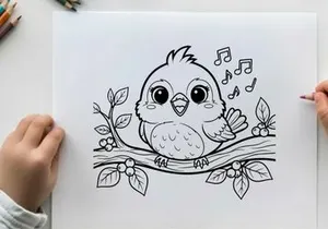Cute singing baby bird with music notes vector illustration