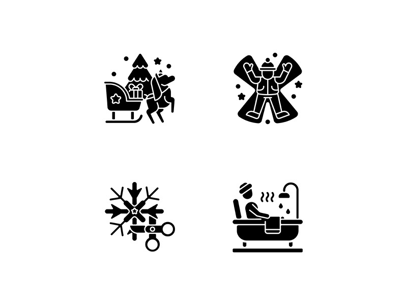 Winter holiday entertainment black glyph icons set on white space