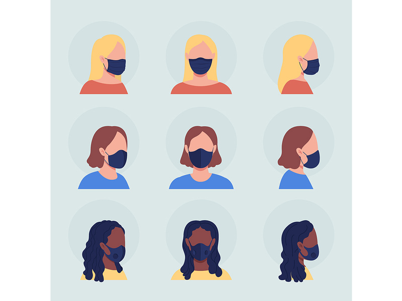 Different women in mask flat color vector character avatar set