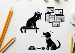 Silhouette of cat and dog with certificates on wall
