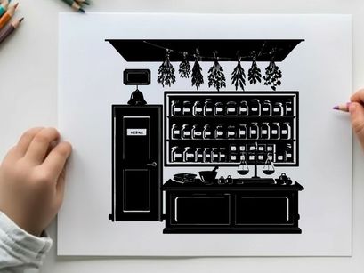 Silhouette of a vintage apothecary shop interior with hanging herbs