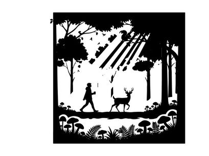 Silhouette of a man and deer in forest landscape
