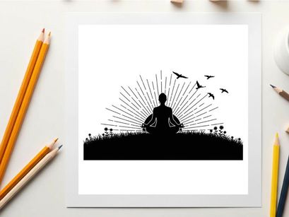 Serene silhouette of a person meditating in nature with birds flying by