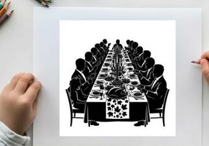 Silhouette of formal dinner party with guests seated around long table