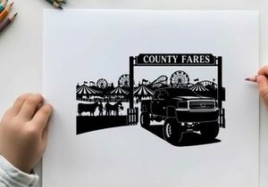 Silhouette of a truck at county fares fairground with ferris wheel and animals