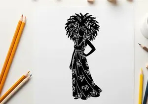 Silhouette of woman in ornate dress and headdress