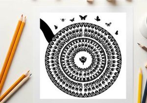 Silhouette of a butterfly garden scene with a spiral pattern