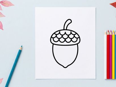 Cute acorn illustration for nature or autumn themes. Simple line drawing of an acorn with a textured cap and smooth nut, ideal for seasonal or educ...