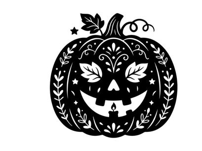 Schwarz-Weiß Halloween-Kürbis mit Fledermaus- und Blatt-Design