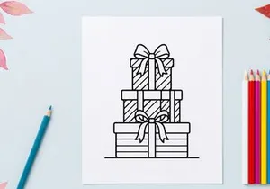Stack of Christmas gift boxes with ribbons, black and white line art illustration.