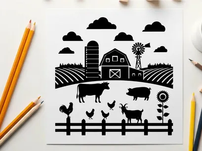 Rural farm scene with silhouette animals and barn