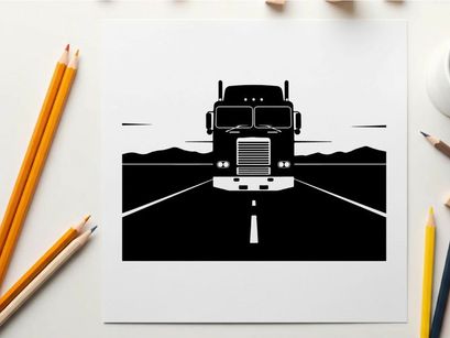 A silhouette of a semi truck driving down a deserted highway at sunset