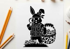 Easter bunny silhouette with magnifying glass and basket