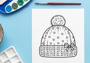 Topi beanie musim dingin dengan pom pom dan pita, sketsa tangan untuk halaman mewarnai Natal.
