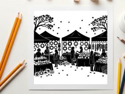 Silhouette of people at an outdoor market with tents and trees