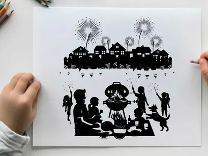 Silhouette of family celebrating with fireworks at home