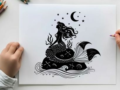 Mermaid silhouette under a starry night sky with crescent moon