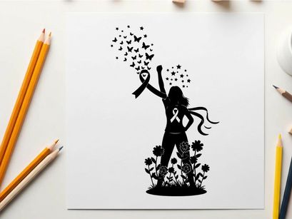 Silhouette of a woman releasing butterflies and stars with a ribbon