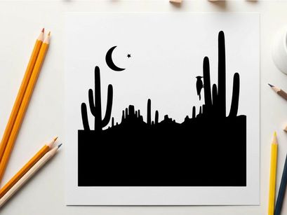 Desert night silhouette with cacti and moon