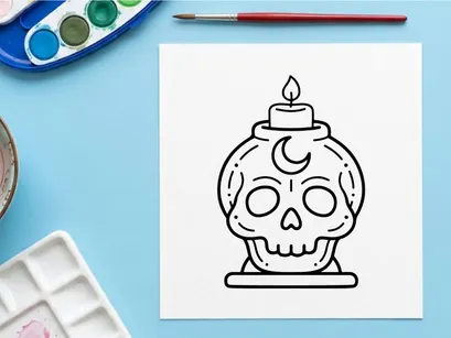 Day of the Dead sugar skull candle holder with flame. Hand-drawn Halloween calavera decor for festive home styling.