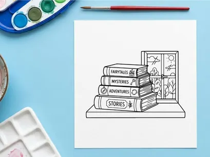 Stack of vintage books on a windowsill with a view of nature, hand drawn line art style.