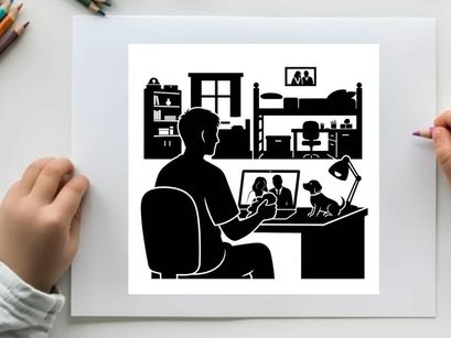 Silhouette of a man working on laptop in a cluttered home office space silhouette