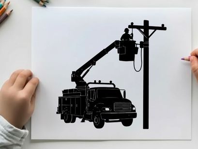Silhouette of a utility worker in a bucket truck repairing a telephone pole silhouette