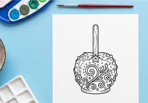 Halloween candy apple coloring page. Festive caramel apple line art for kids activity.