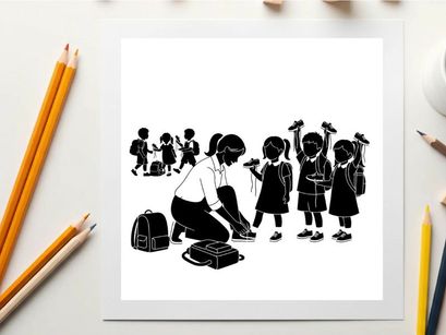Silhouette of a teacher and children with school bags and birds