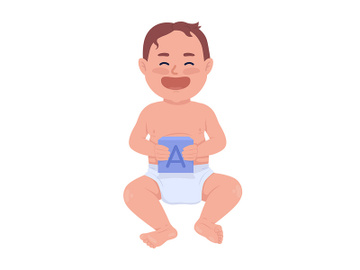 Laughing baby with letter cube semi flat color vector character preview picture