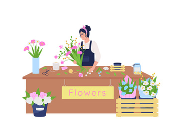 Female caucasian florist making floral arrangement flat color vector detailed character preview picture