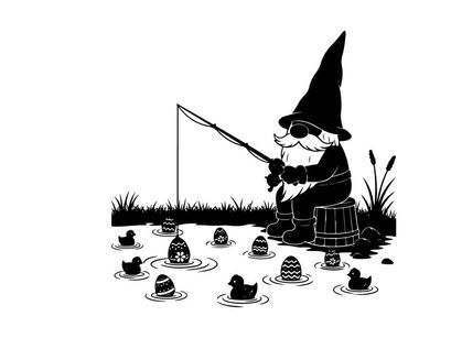 Gnome silhouette fishing with ducks in water scene