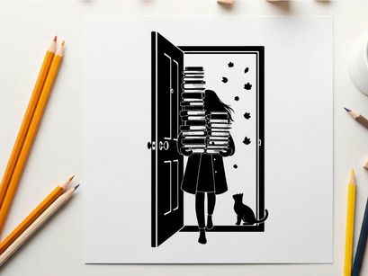 Silhouette of girl carrying books with cat in doorway silhouette