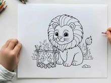 Cute cartoon lion by campfire vector illustration