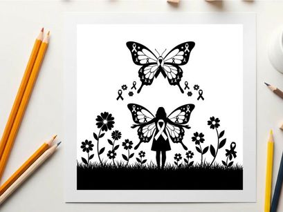 Silhouette of girl with butterfly and flowers and ribbons silhouette