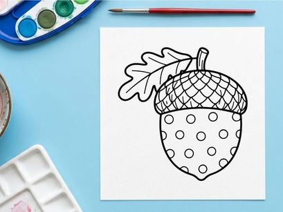 Cute acorn with polka dots outline. Hand drawn forest nut icon for coloring page.
