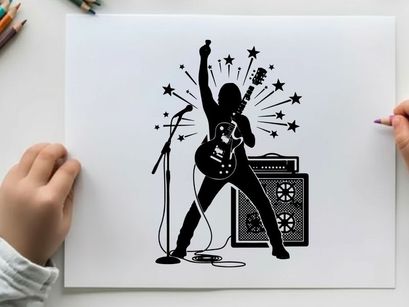 Silhouette of a rockstar playing electric guitar with silhouette
