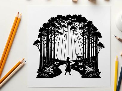 Silhouette of a girl in a forest with deer silhouette