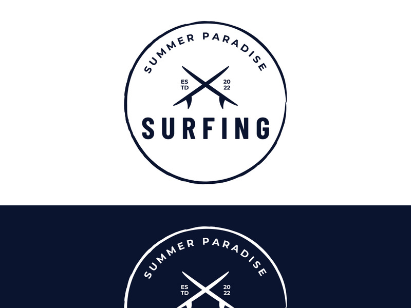 Vintage surfboard logo,surfing on summer beach.For business,badge,holiday, ,label,emblem.