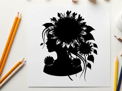 Silhouette of a woman with sunflowers in her hair